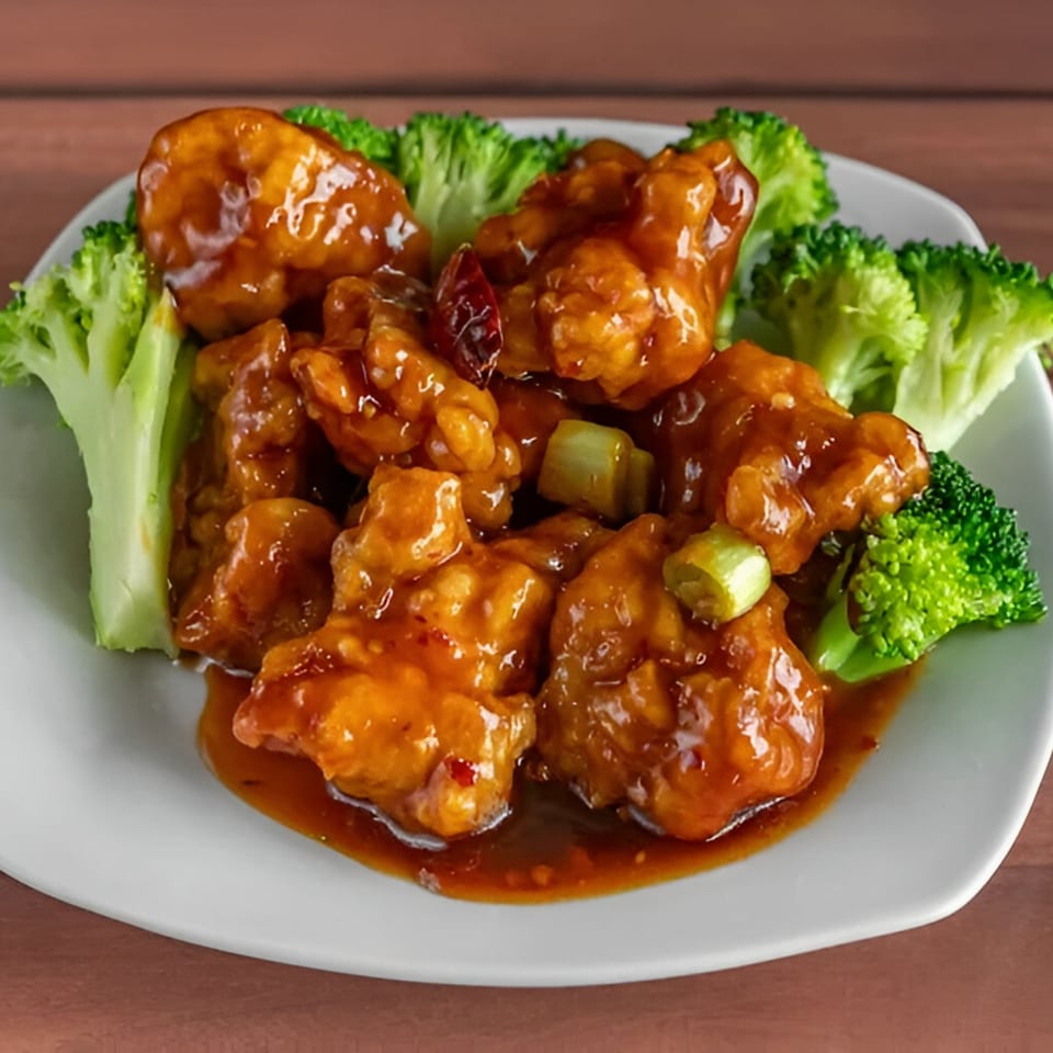 Wang Chinese Restaurant's General Tso's chicken with broccoli florets on a white plate.