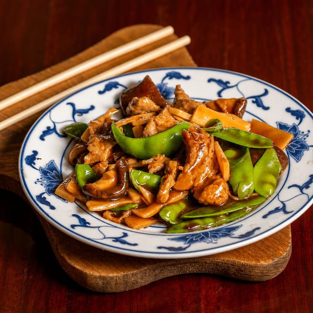 40. Beef w/ Bamboo Shoots, Chinese Mushrooms & Snow Peas.