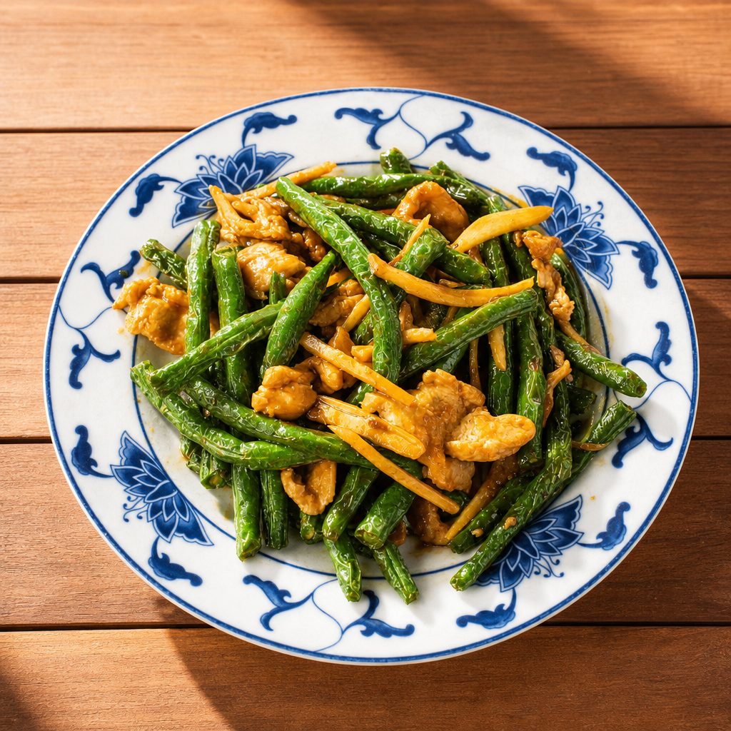69. Ginger chicken with string beans.